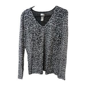 Chicos Shirt Womens 2 Gray Black Leopard Print V Neck Long Sleeve Top Nylon